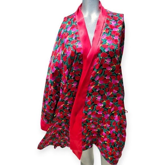 Vintage Victoria's Secret Red Pink Floral Satin Button Robe Night Shirt Oversize - Picture 1 of 7